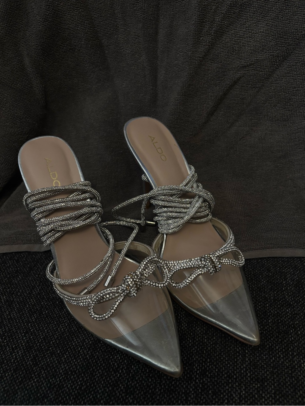 ALDO Silver Crystal-Embellished Pointed Toe Lace-Up heels